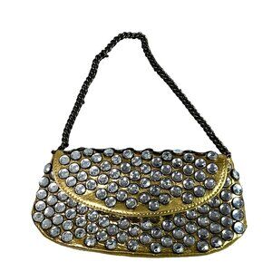 Betsey Johnson Gold Studded Chain Clutch‎ Purse With Crystal Accents